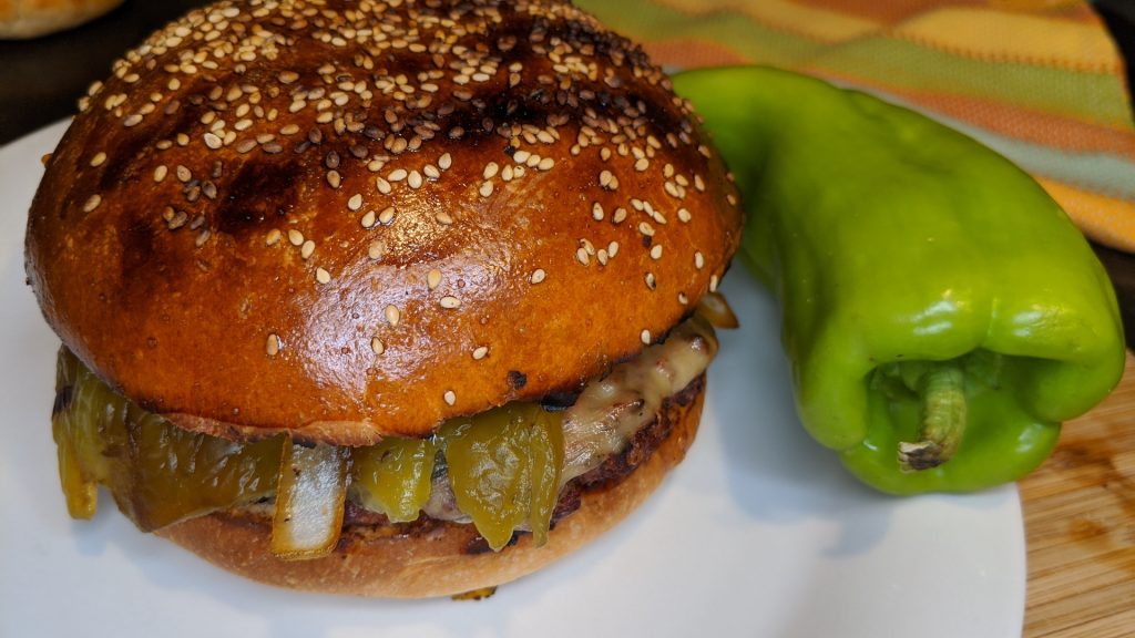 HAMBURGER with ANAHEIM PEPPERS and CARAMELIZED ONIONS